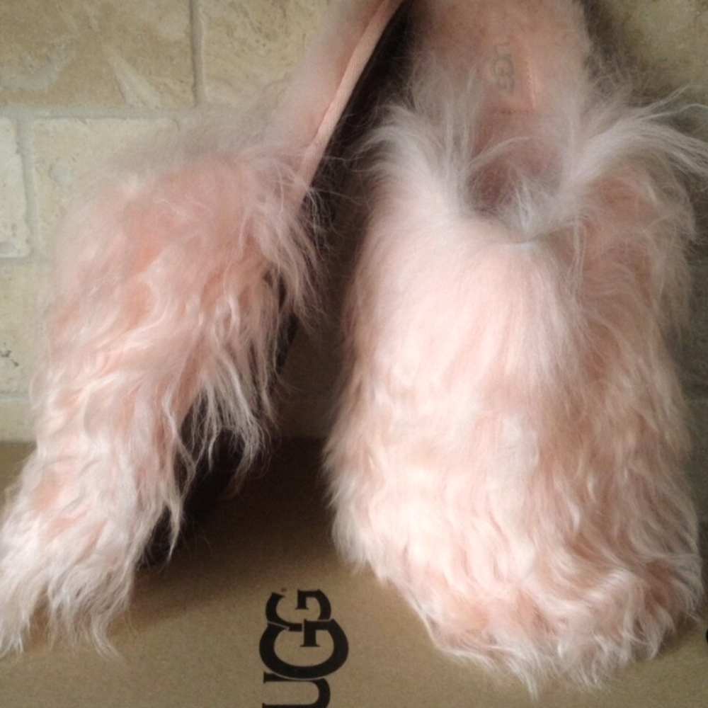 Ugg Fluff Momma Slipper Slide Clog Fluffy Mongolian Clog Lamb Sheepskin pink